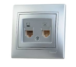 Розетка компьютерная + телеф. СП Мира RJ11 + RJ45 метал. сер. Lezard
