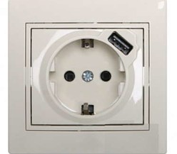 Розетка 1-м СП Мира 16А с з/к +USB крем. Lezard