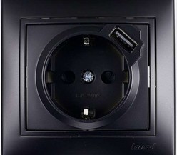 Розетка 1-м СП Мира 16А с з/к + USB разъем черн. бархат LEZARD