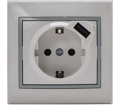 Розетка 1-м СП Мира 16А с з/к + USB разъем бел. с сер. вставкой LEZARD